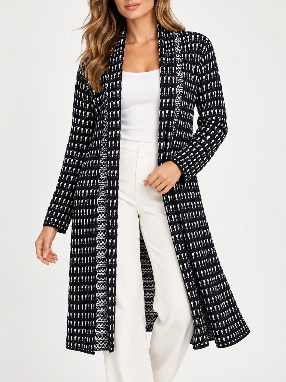 ST. JOHN Collection Open Knit Long Cardigan Size M/L White Black Classic Fall